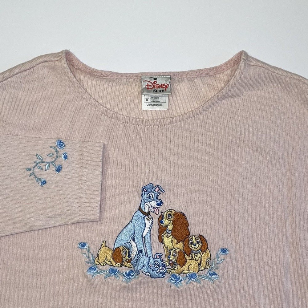 Vintage Disney Lady And The Tramp Sweater Women's Medium Pink Blouse 90s Cotton